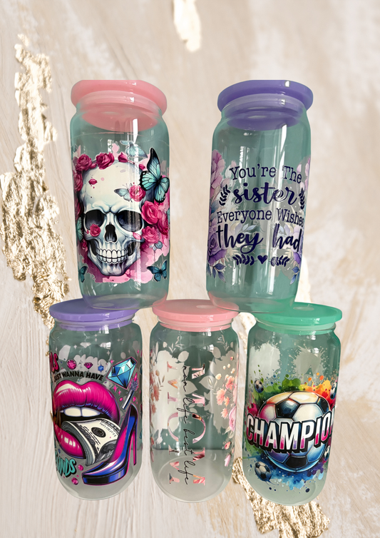 Glas Becher bunter deckel